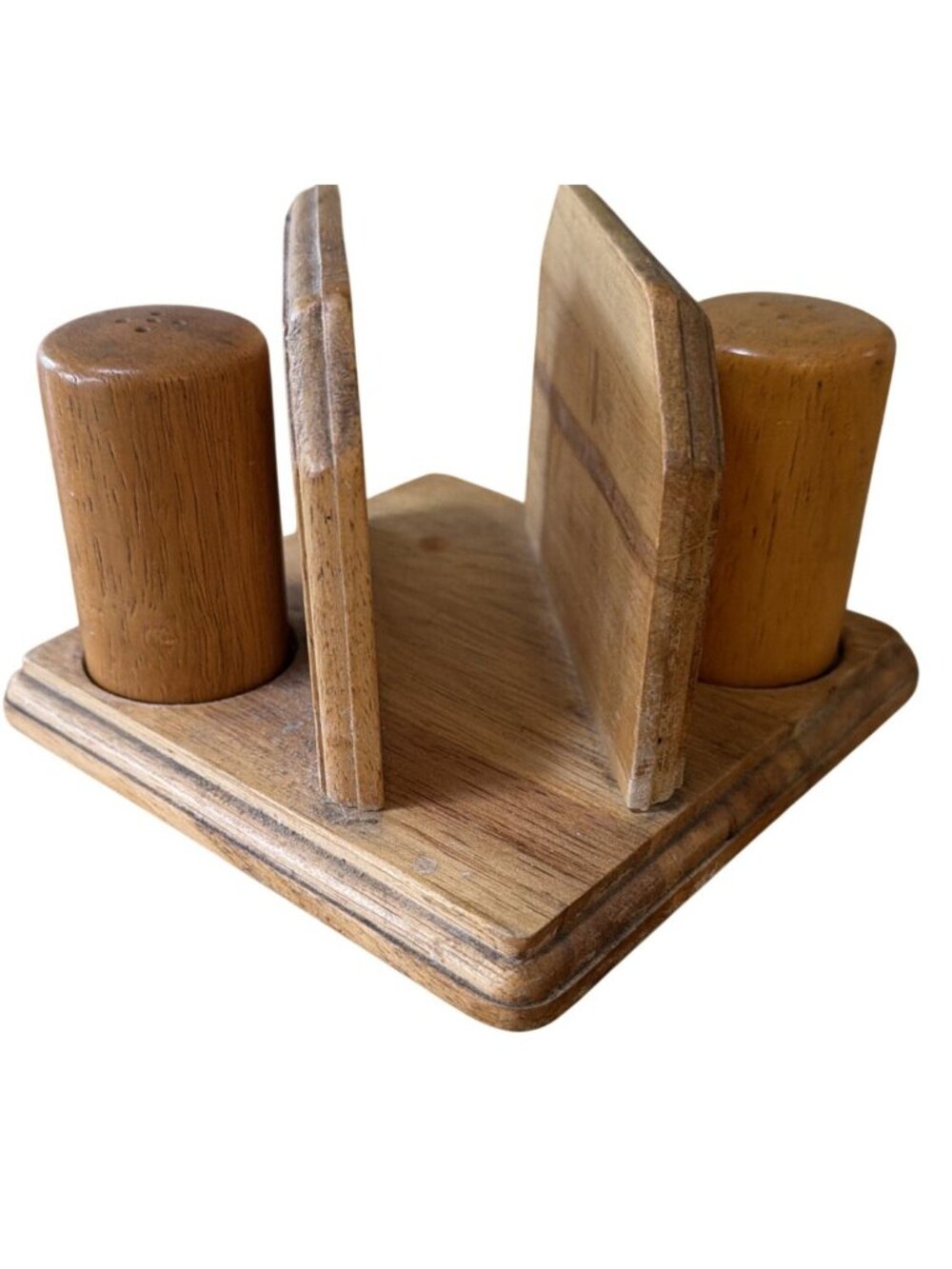 Vintage Wooden Oak Napkin Holder Set w Salt & Pepper Shakers